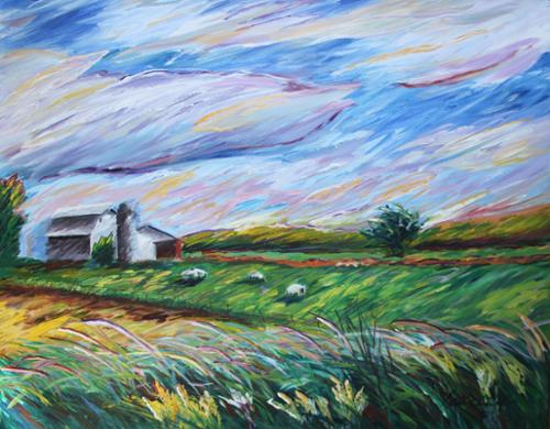 30 x 24 acrylic on canvas of a farm with sheep in Minnesota on a breezy puffy cloud day. $1,500, includes shipping.
