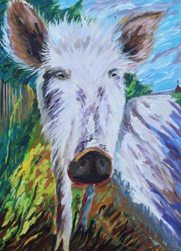18 x 24 acrylic on canvas of a pig trotting down a country road. Selling for $800, includes shipping.