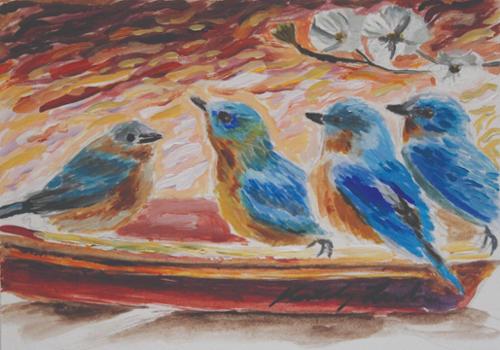 Blue birds sitting at a water pedestal. Mixed media hand painted notecards. Prints only