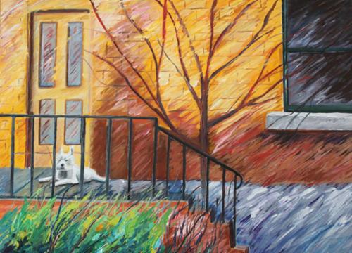 48 x 42 acrylic on canvas of a dog laying on the front porch of a house. Privately owned, no prints available.