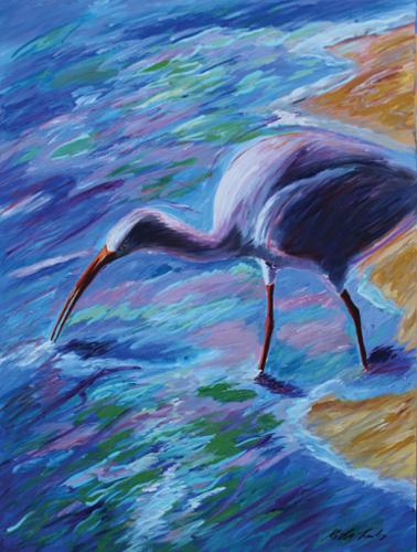 30 x 40 acrylic on canvas of an Ibis on the shore searching for food. $2,000, includes shipping.
