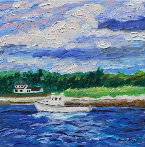 10 x 10 Acrylic On Canvas of a boat on the water in a small town in Connecticut. Sold but prints available.