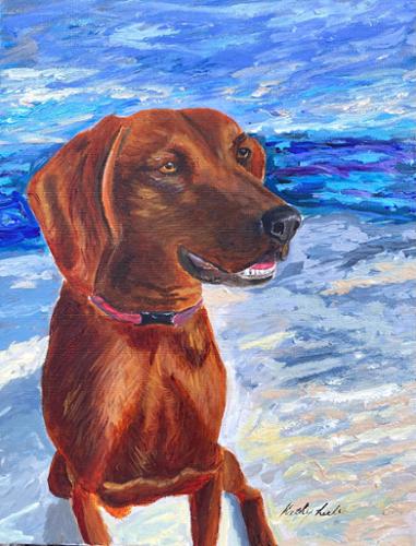 11x14 acrylic on Canvas of Cooper sitting near the shore.