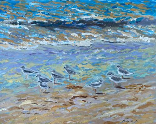 30 x 24 Acrylic on canvas of Plover birds running on the shoreline.