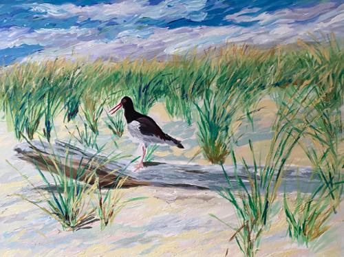 24 x 18 Acrylic On Canvas of an Oyster Catcher standing on a piece of drift wood on the shore of Long Island.