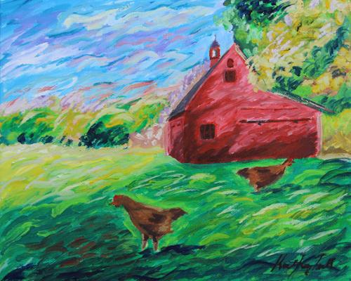 A 12 x 10 Acrylic on Canvas painting of a red barn on a farm with chickens. $250, includes shipping.