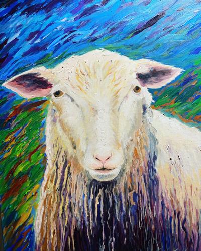 18 x 24 Acrylic on Canvas of a portrait of a sheep. Selling for $800, includes shipping.
