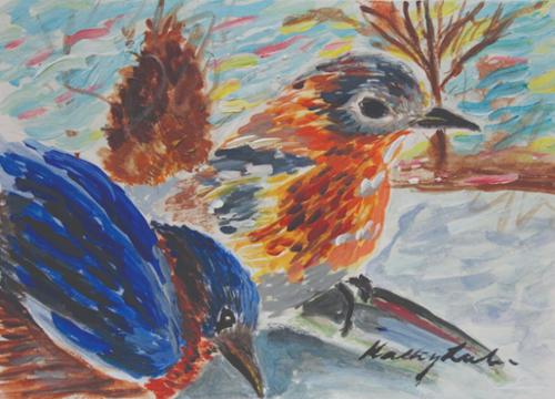 Two birds feeding at a feeder. Mixed media hand painted notecard. Prints only
