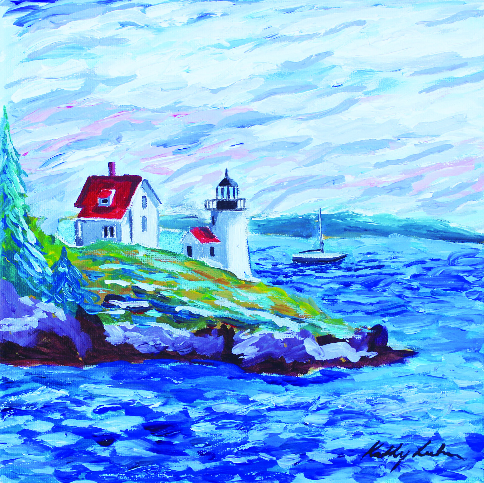 10x10 Acrylic on canvas of a lighthouse in the winter. Original sold, print available.